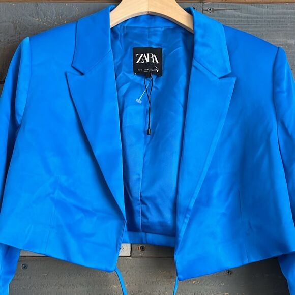 NWOT Zara Bloggers Favorite Satin Cropped Blazer Royal Blue Size M - Picture 5 of 11